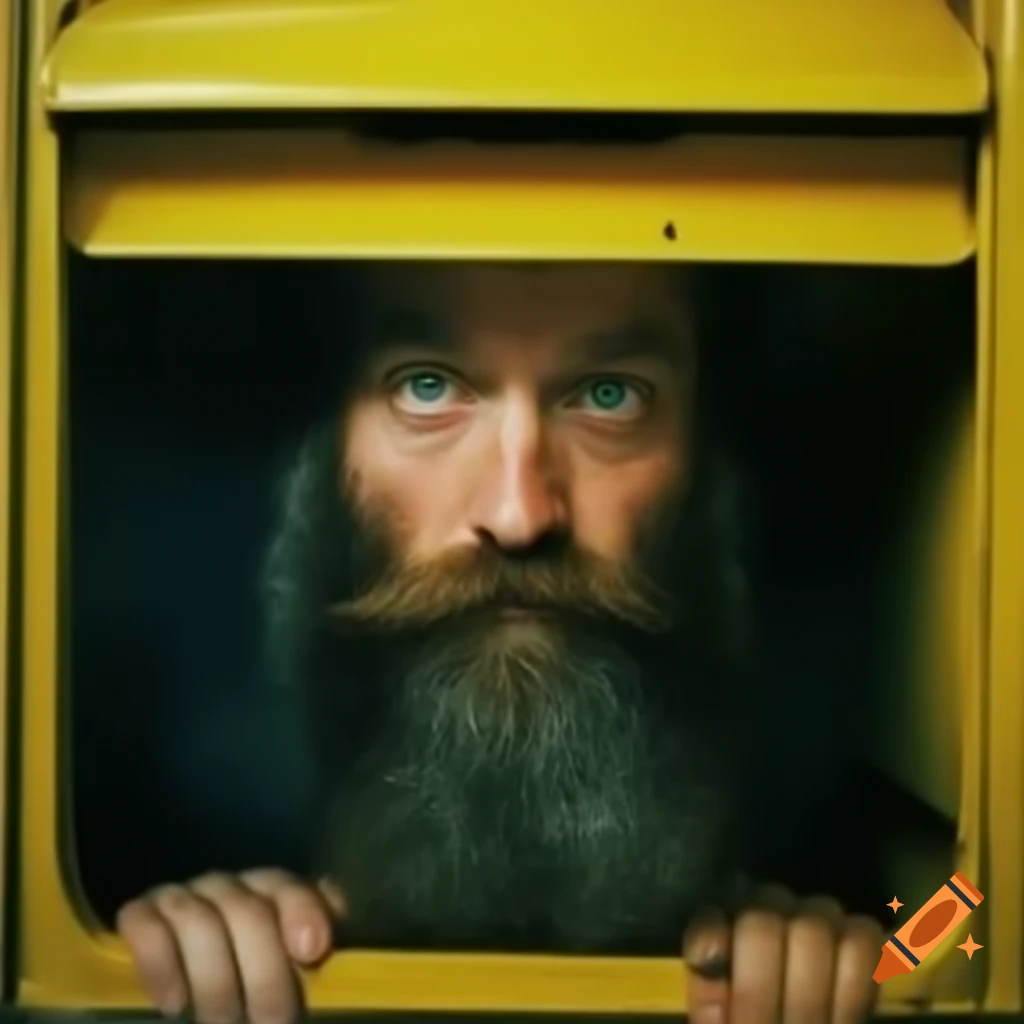 Man with long beard humorously stuck in yellow post box on craiyon