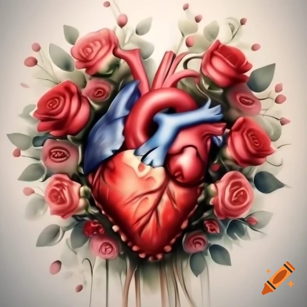 Anatomical heart with blooming flowers in watercolor, including red roses