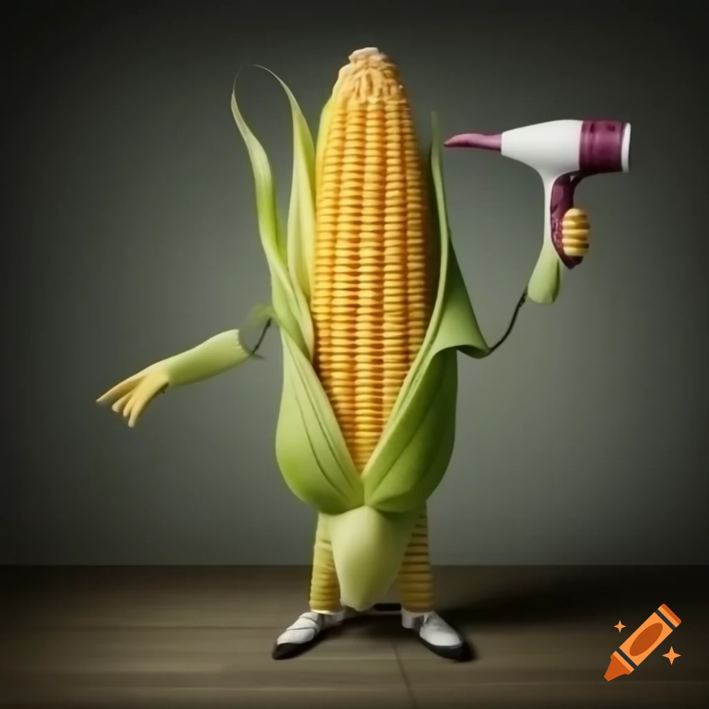 Anthropomorphic corn character with legs and arms using a hair dryer
