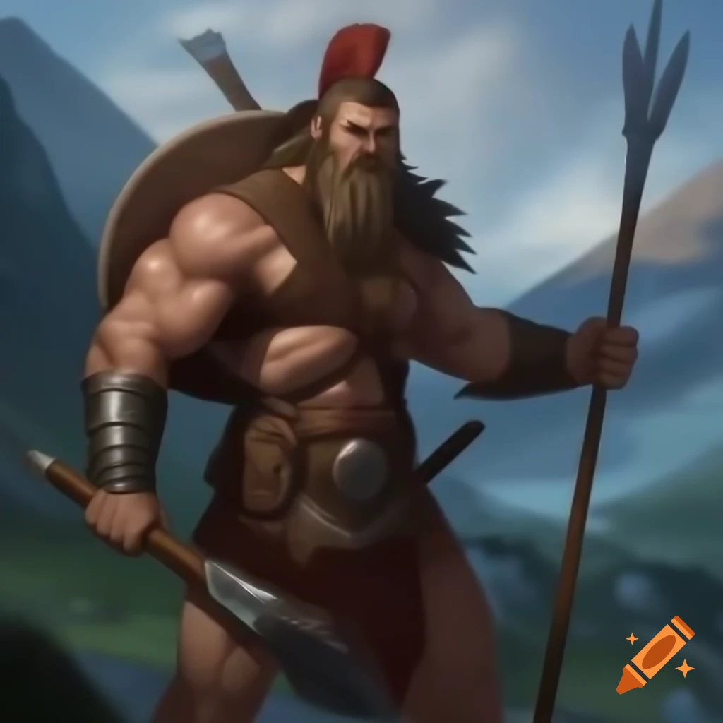 Goliath Barbarian from mountains holding a javelin