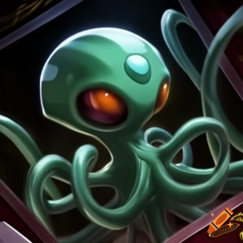 Small alien with robotic tentacles in Yu-Gi-Oh card art style