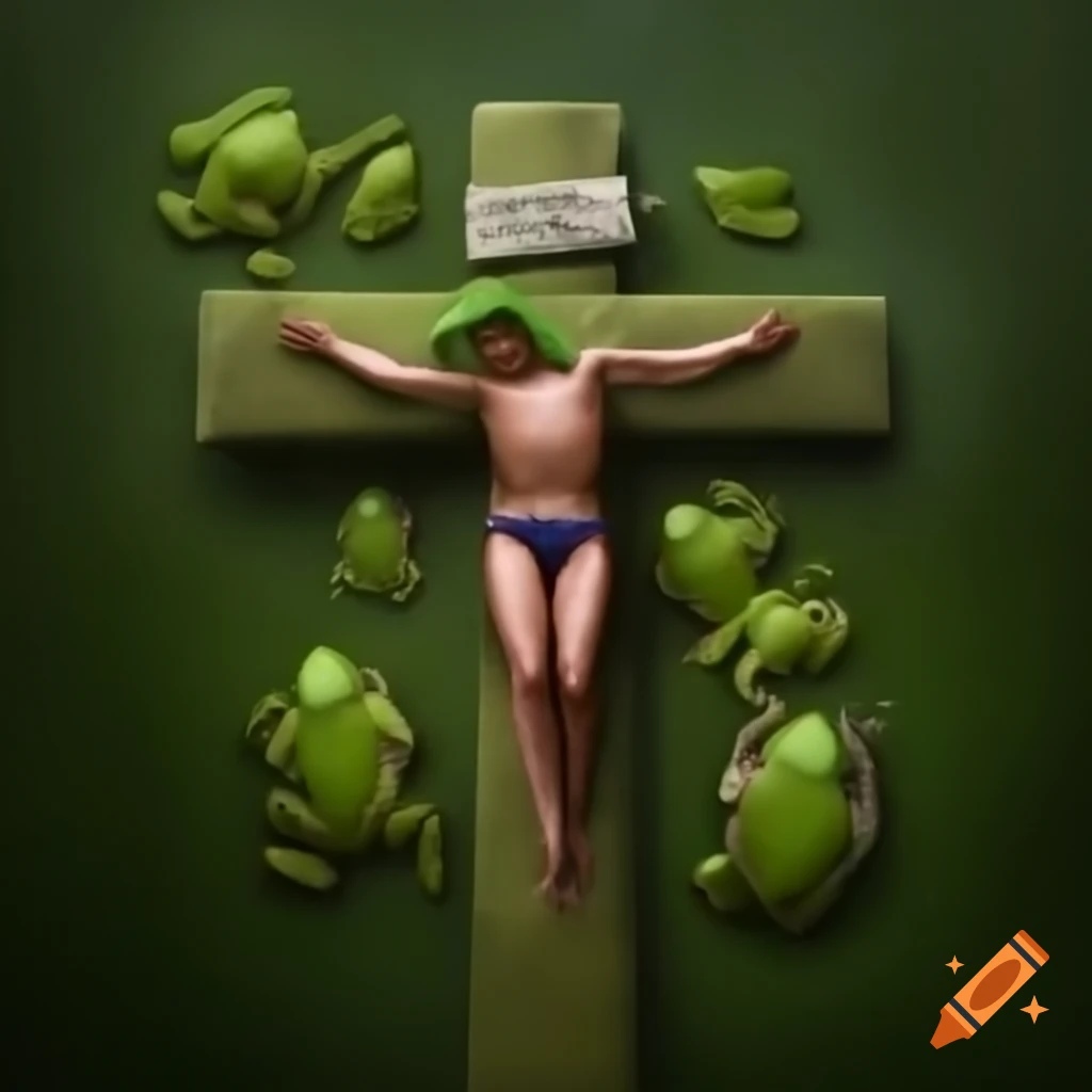 Surreal depiction of a figure on a cross surrounded by frogs