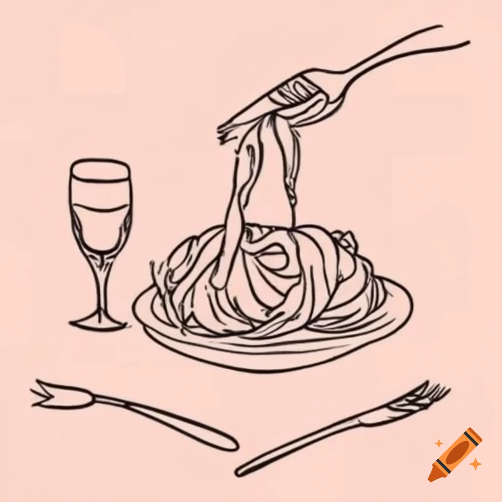Charming ink drawing of spaghetti on a plate with a fork and checkered tablecloth