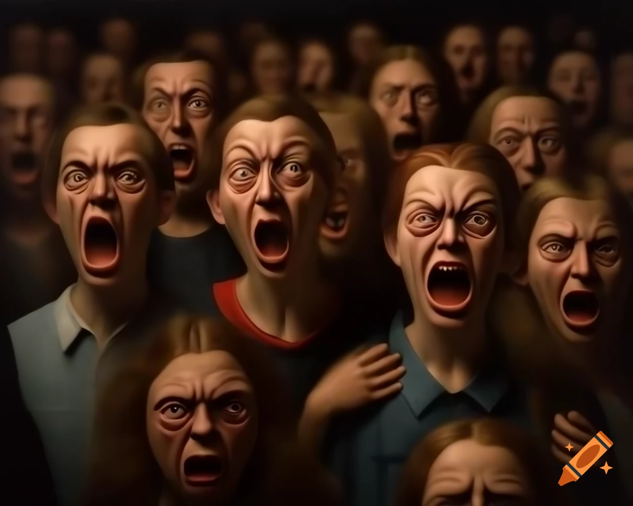 Surreal photorealistic painting of angry crowd in a marketplace