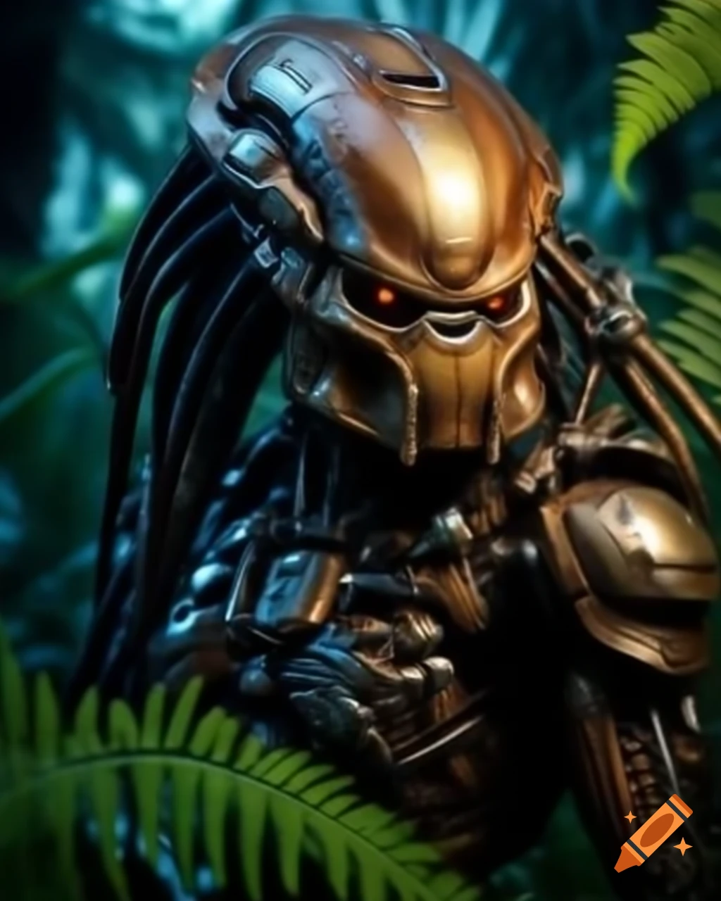Bio-mechanical predator prowling through luminous steel jungle with chrome ferns