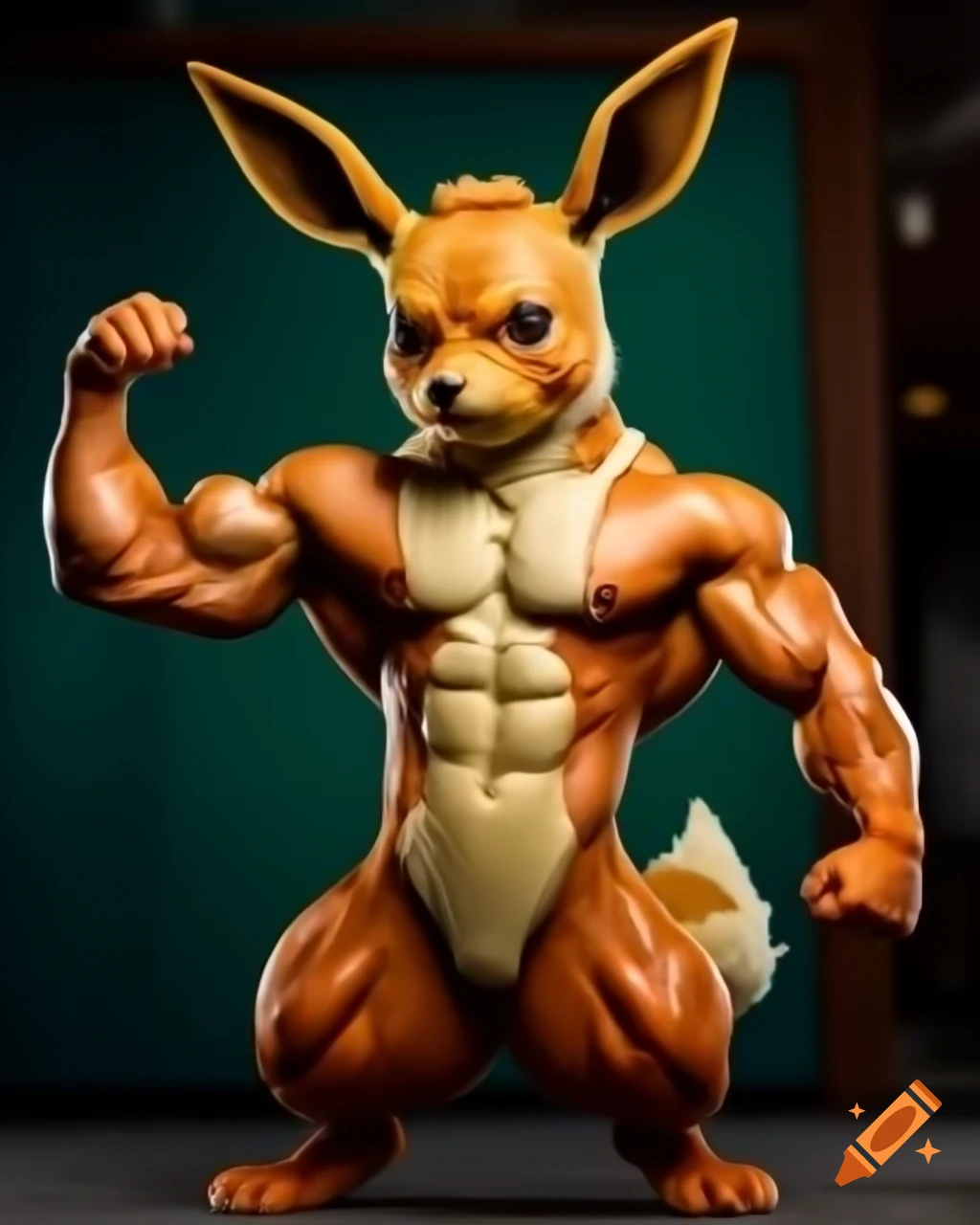 Anthro Eevee bodybuilder flexing muscles in furry art style