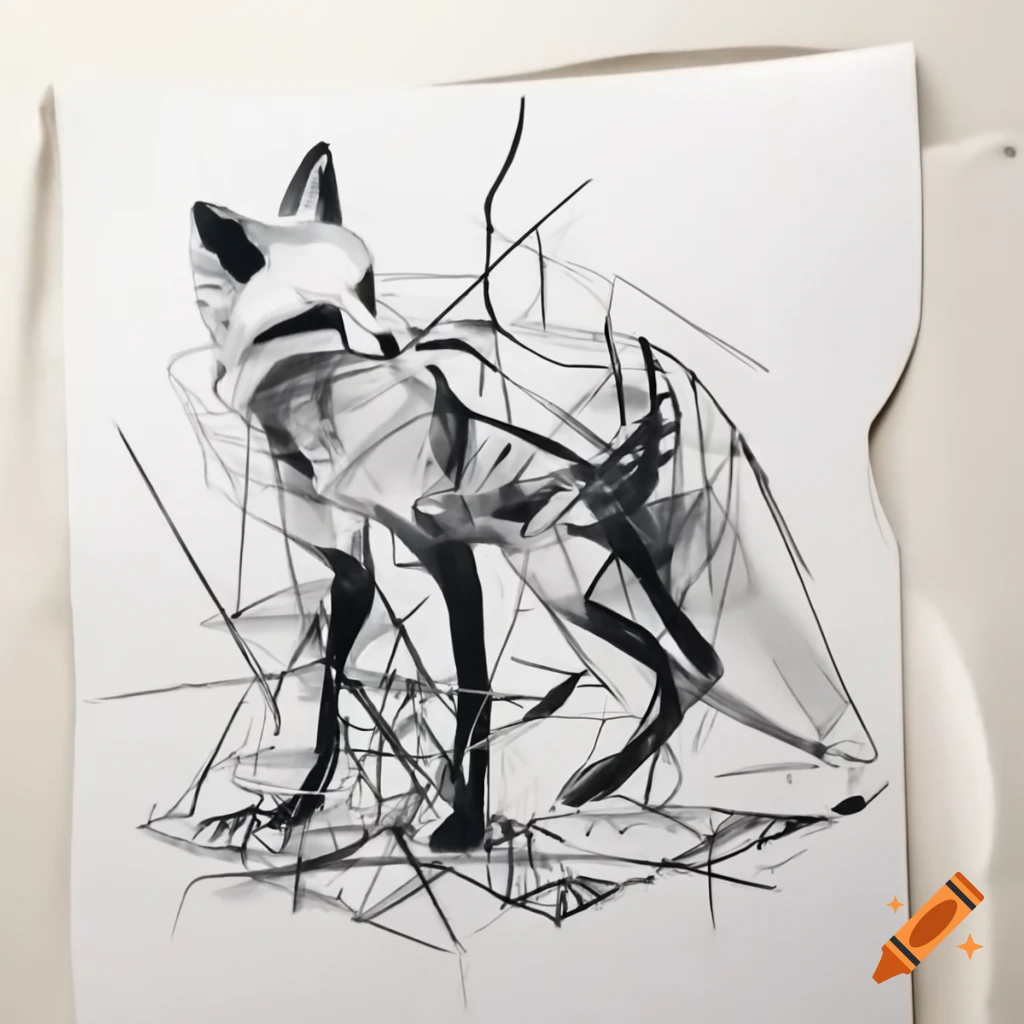 Abstract representation of a fox in a destroyed forest, black ink on white paper