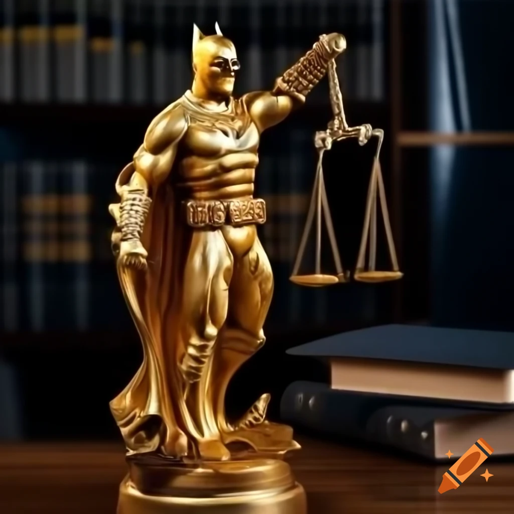 Golden Batman as Temida statue holding scales on lawyer's desk