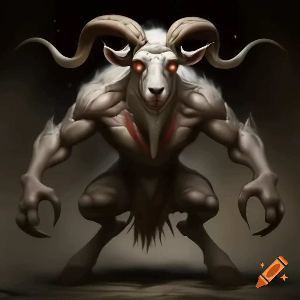Realistic depiction of a goat-headed demon with large horns and muscular legs in oil painting