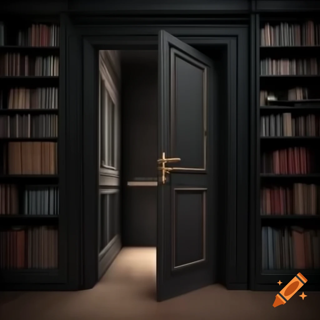 Mysterious dark exit room with secret door in bookshelf