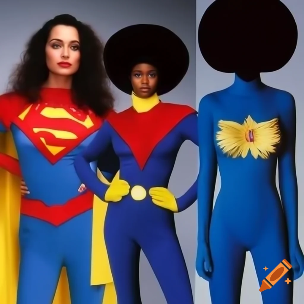 1970s fashion aesthetic featuring superhero suit with Afro hairstyle