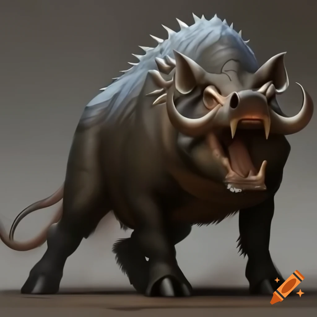 Hyper realistic wild boar-croc creature with tusks and fur