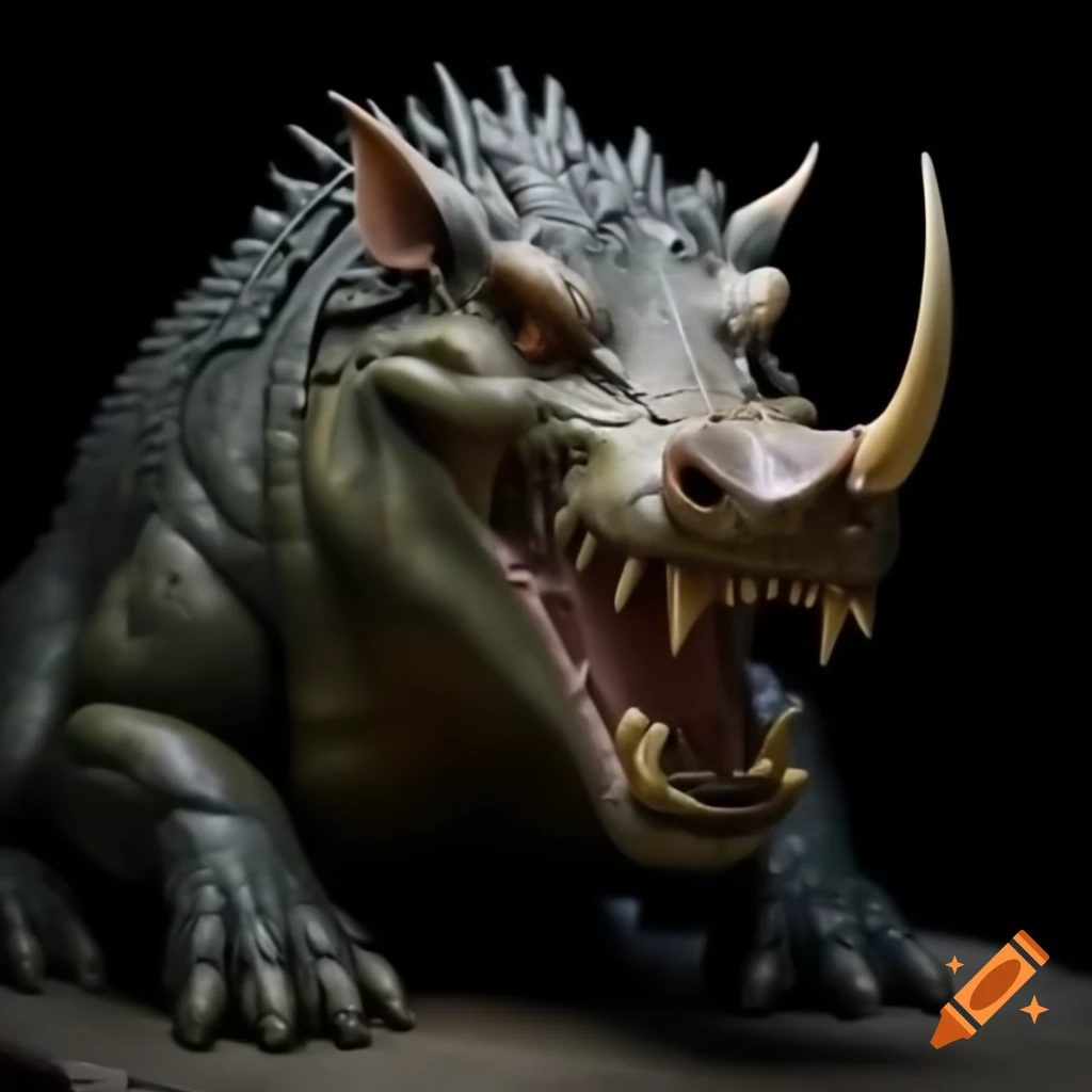 Hyper-realistic wild boar-croc fantasy creature with prominent tusks