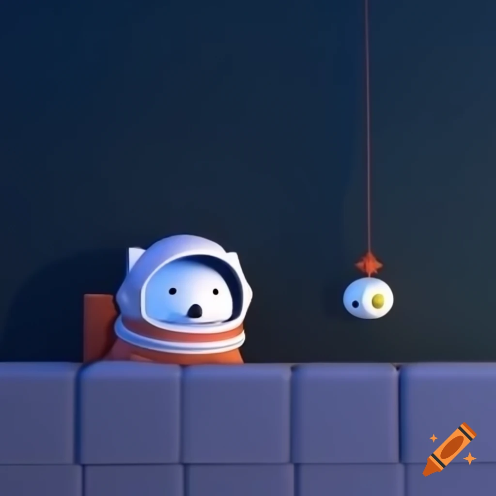 Cartoon white Arctic fox in astronaut uniform smiling at camera