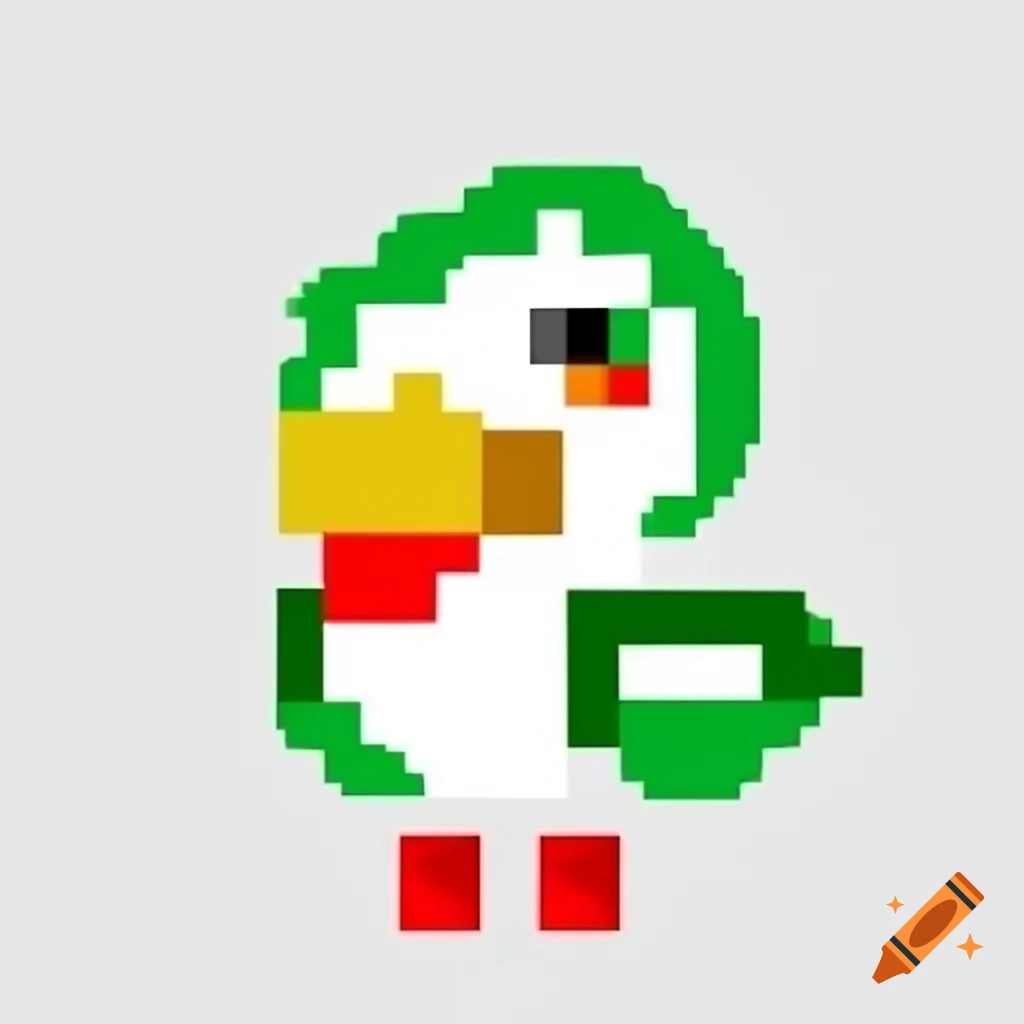 Pixelated seagull character in green white and red attire on craiyon