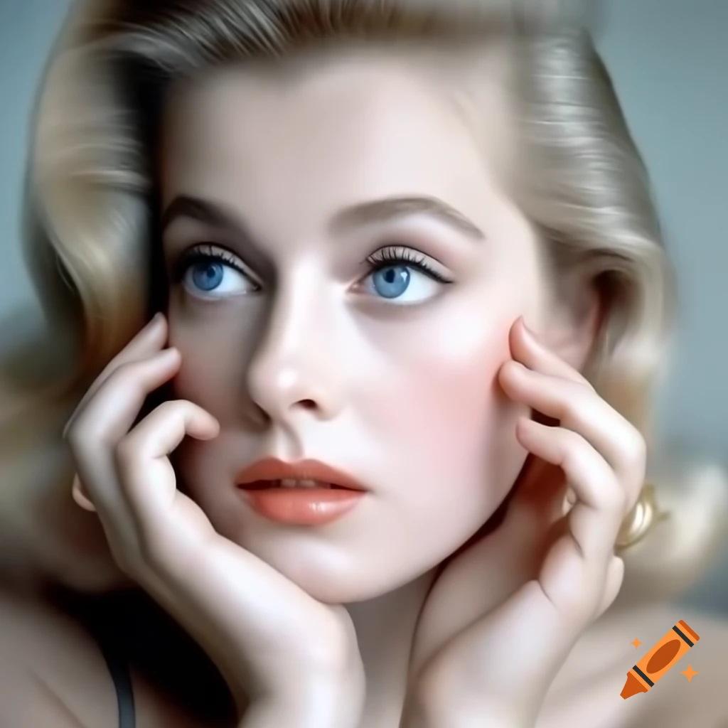 Hyper-realistic portrait of a beautiful European actress from 1963 with blue eyes and golden hair