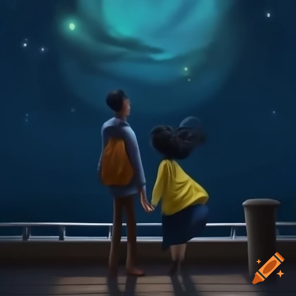 Young couple hand-in-hand on ship gazing at stars