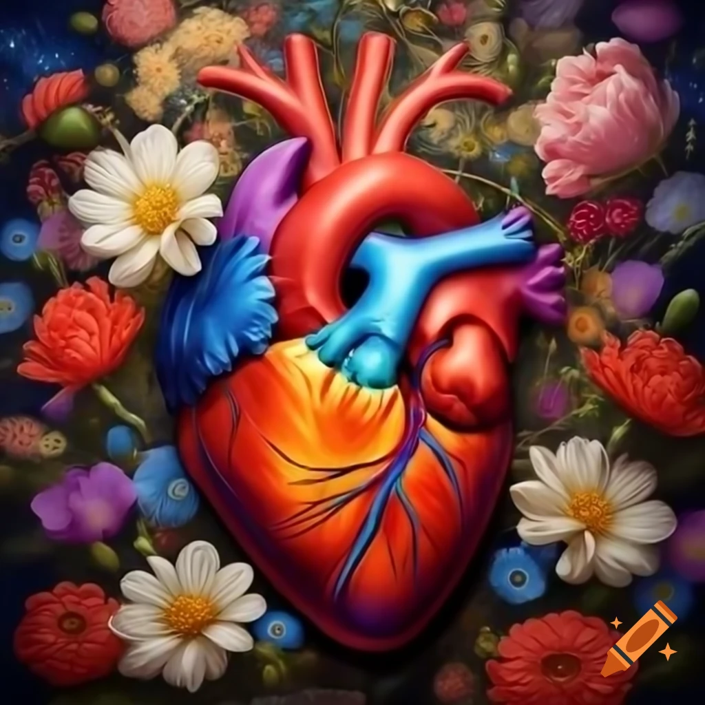 Anatomical heart with blooming flowers, colorful oil painting style