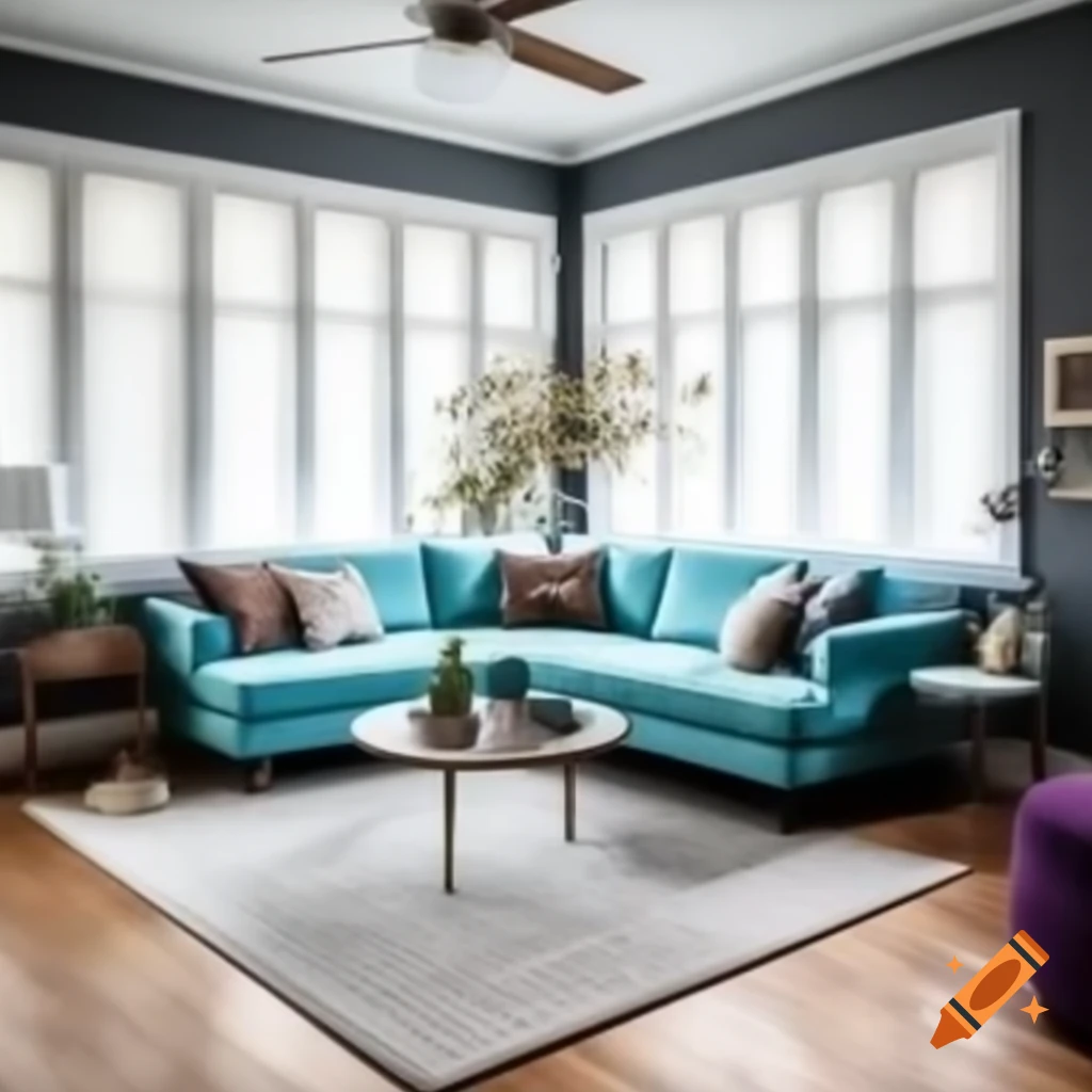 Stylish living room with light turquoise corner couch and grey walls