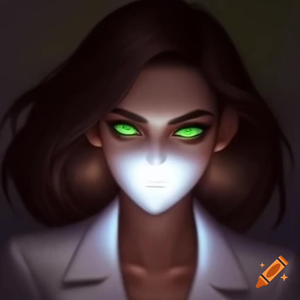 Woman in white secretary suit with glowing green eyes and white mask resembling female face
