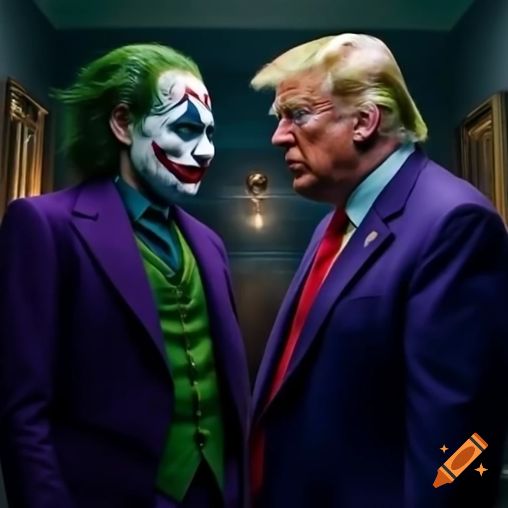 Illustration of Joker character alongside a caricature of Trump