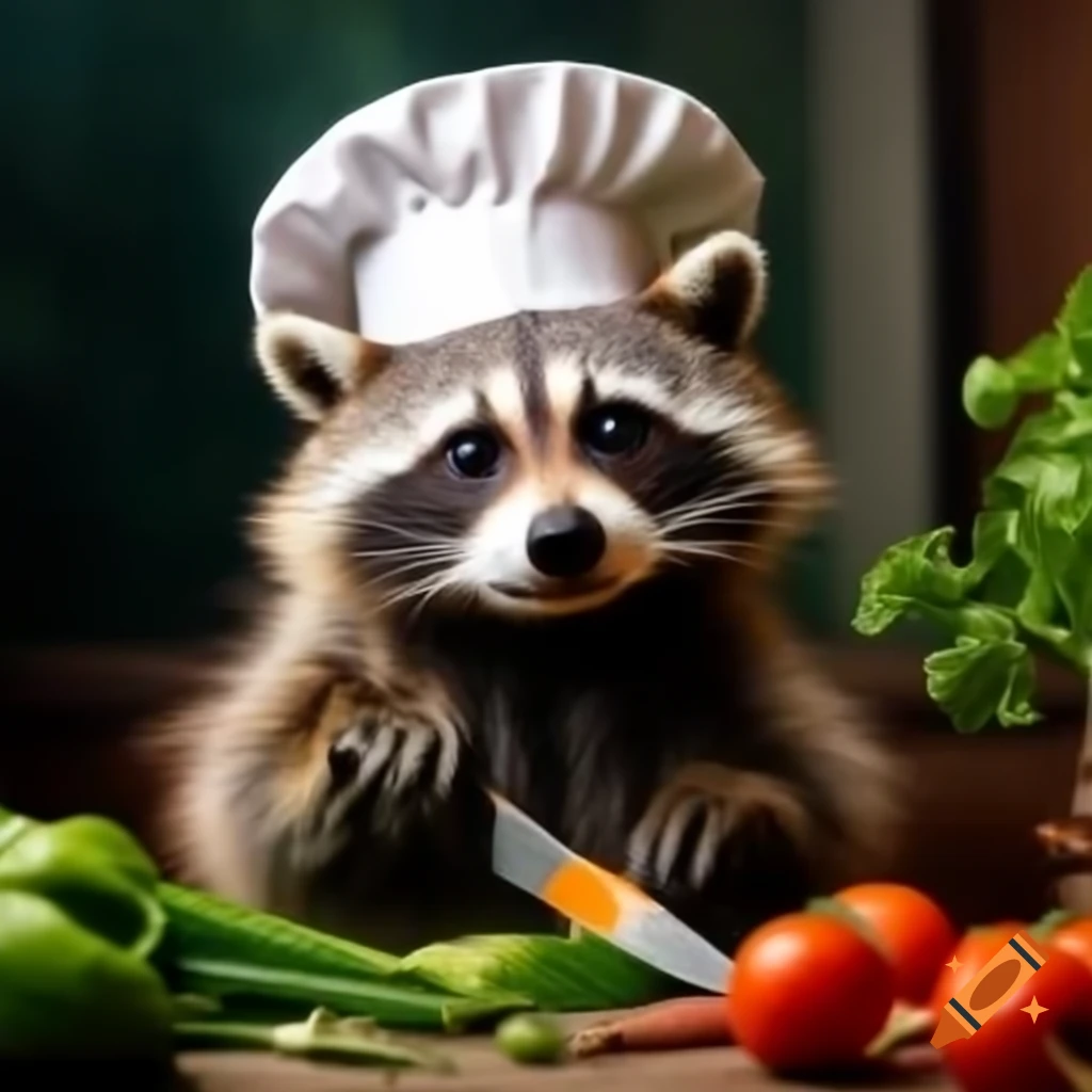 Raccoon wearing chef hat preparing vegetables