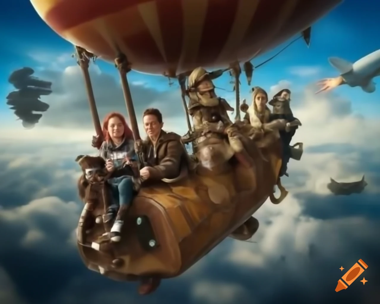 Steampunk airship soaring through clouds with clockwork and brass design