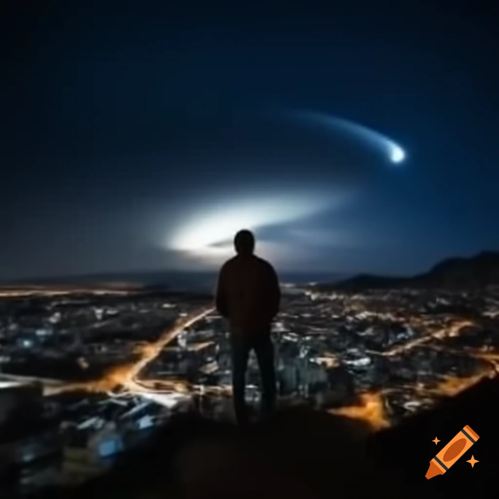 Man observing city skyline at night
