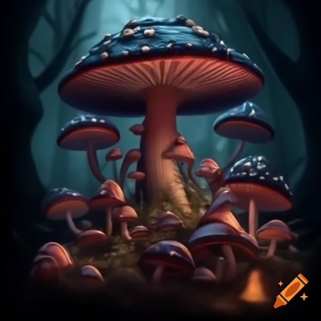 Gothic forest filled with ominous mushrooms
