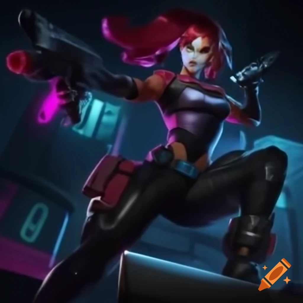 Punk-rock sharpshooter on roller skates with energy pistols in cyberpunk setting