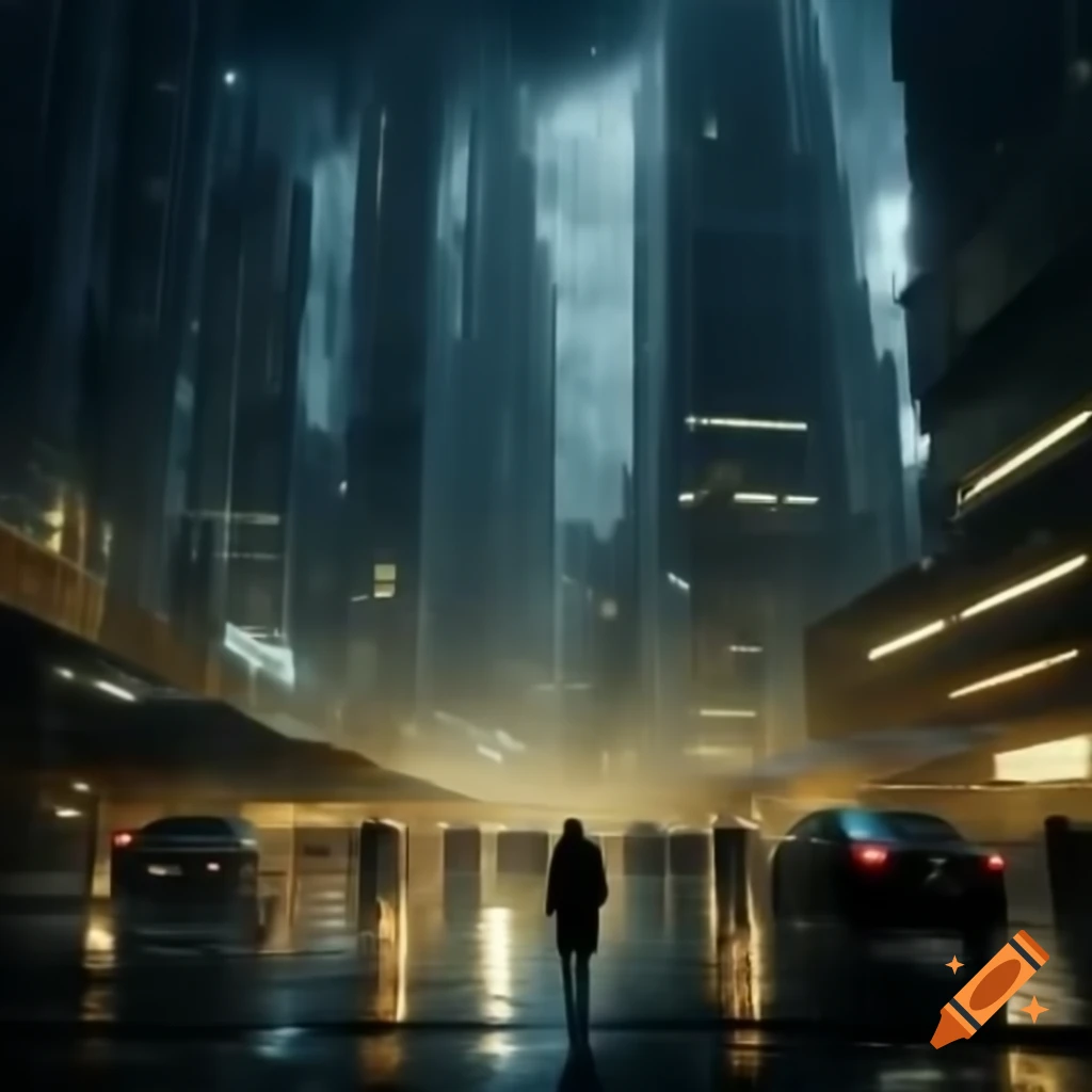 Futuristic city inspired by 5th Element, illuminated under dark rain