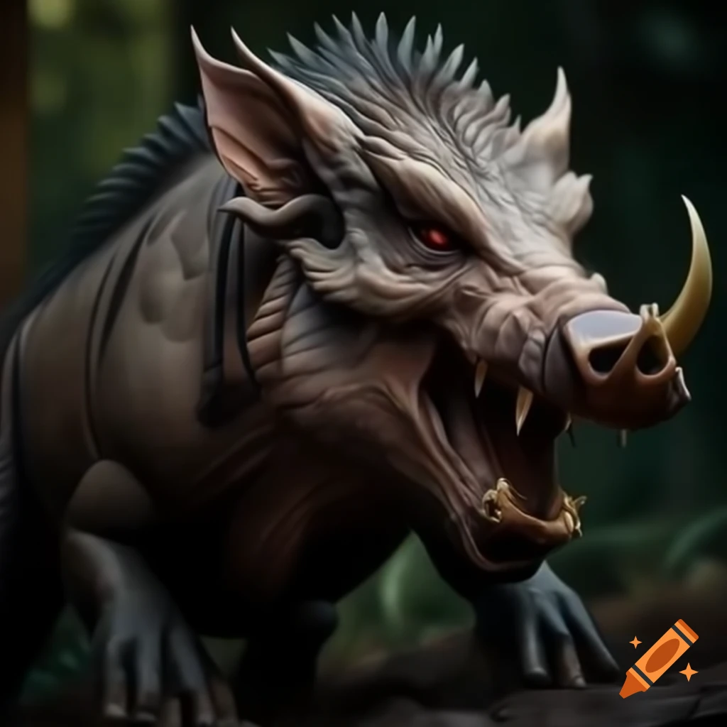 Hyper realistic wild boar-reptile fantasy creature with tusks in full figure