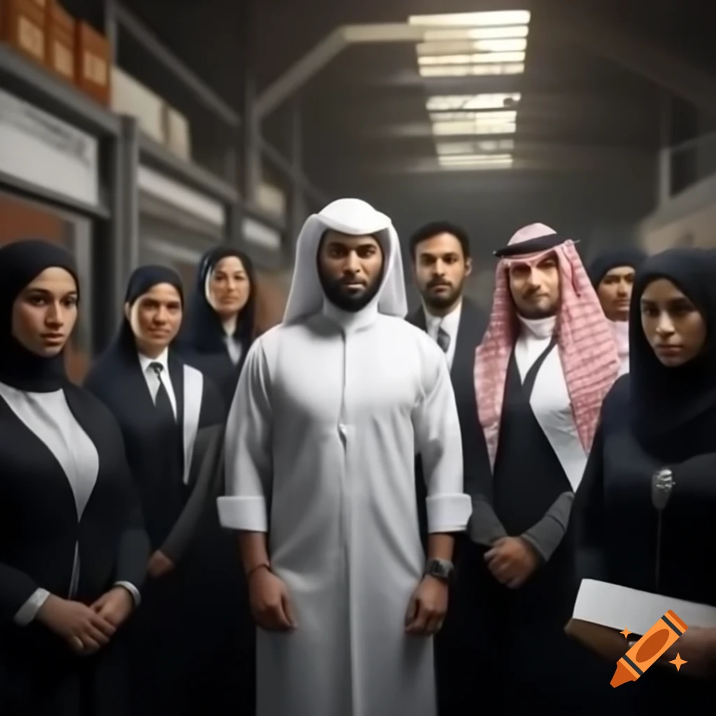 Realistic depiction of Saudi male and female employees in an office setting, including a manager