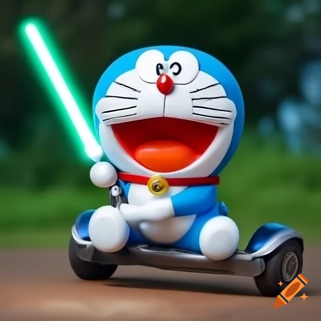 Doraemon on hoverboard wielding a lightsaber