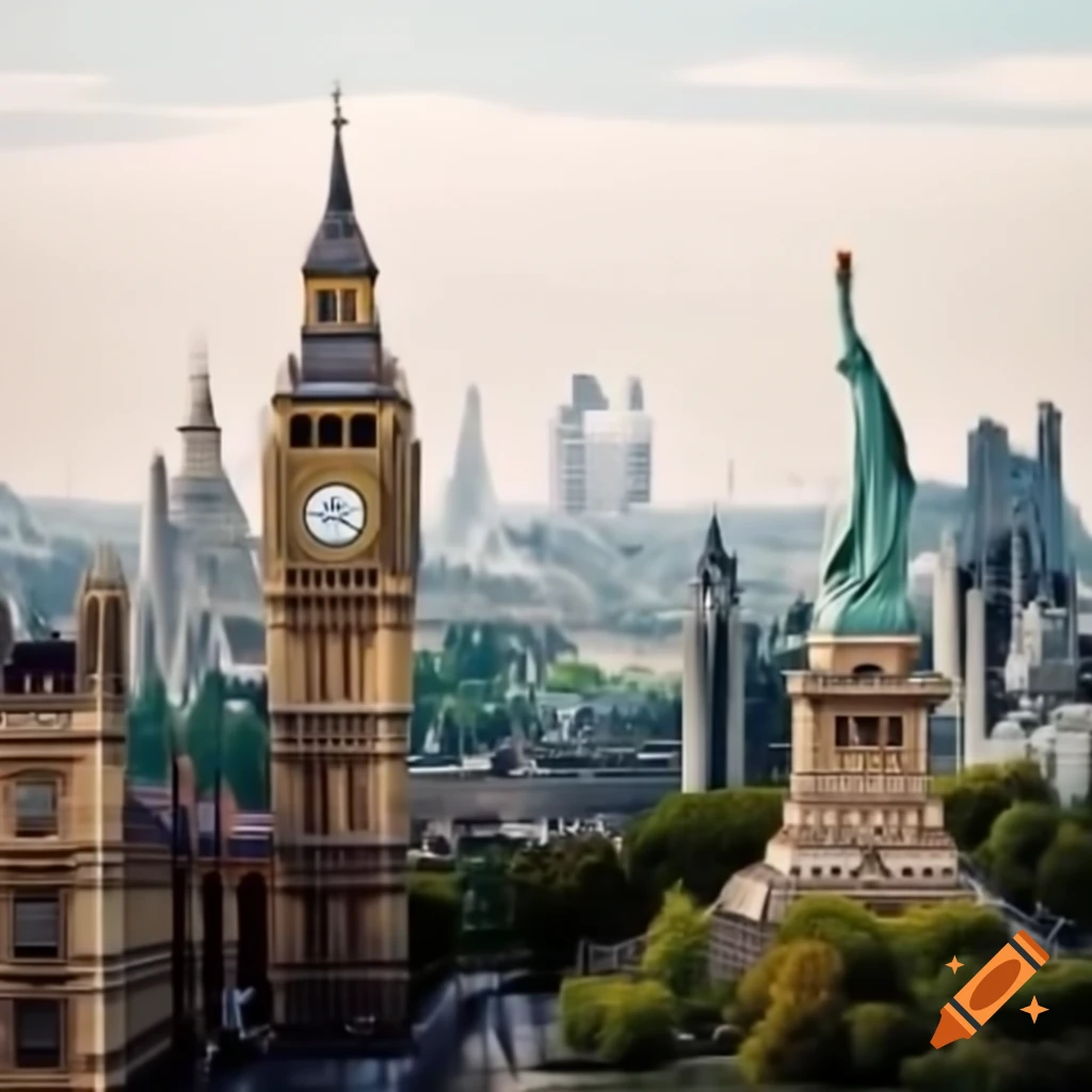 Town featuring Big Ben, Eiffel Tower, Statue of Liberty, and Chinatown