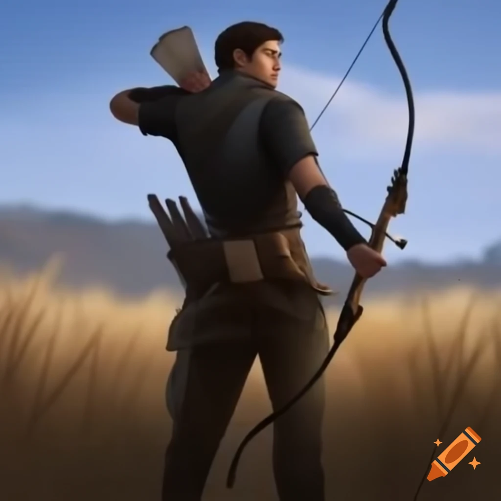 Male archer in foreground aiming bow at straw target