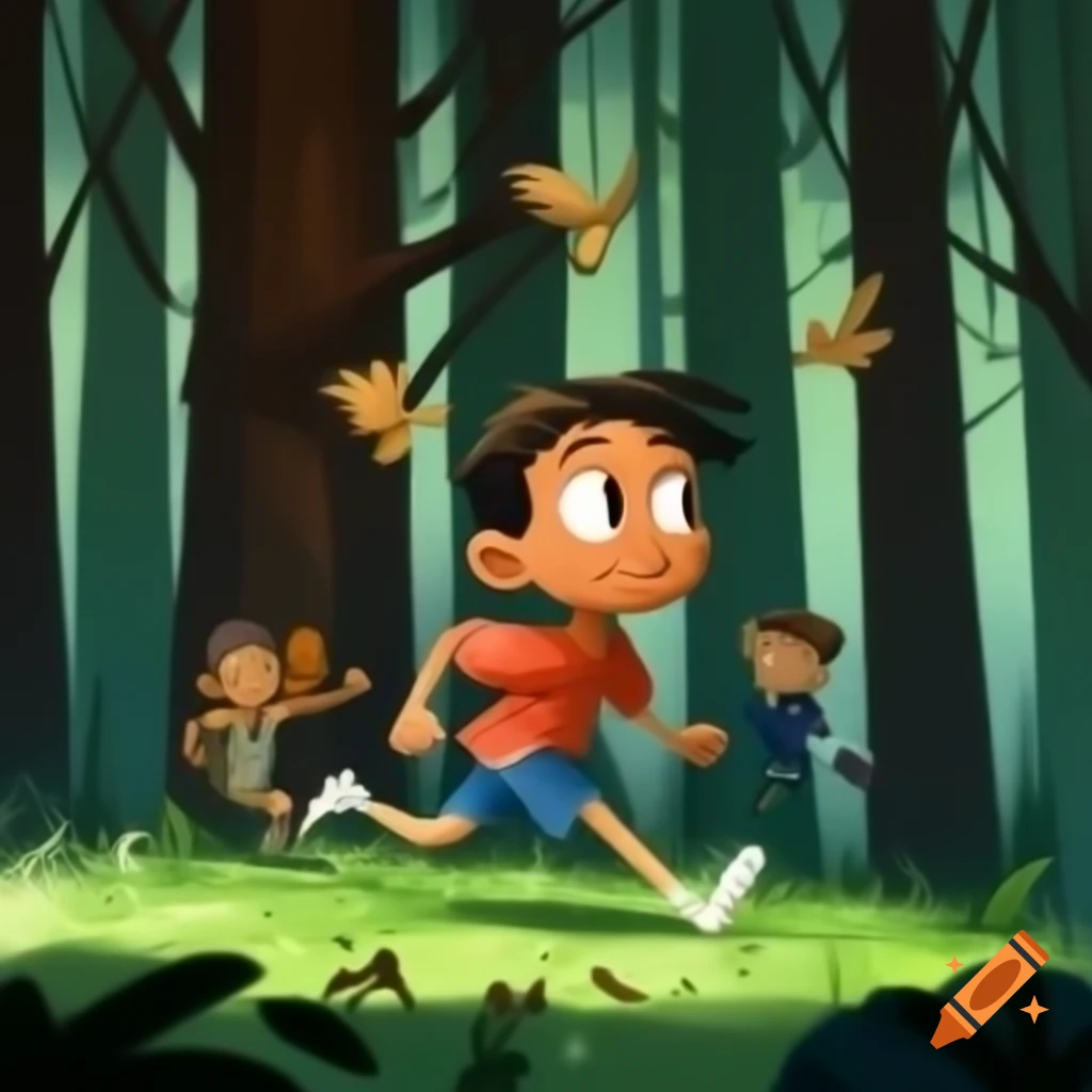 Digital illustration of boy running in forest with tall trees and birds under sunny sky