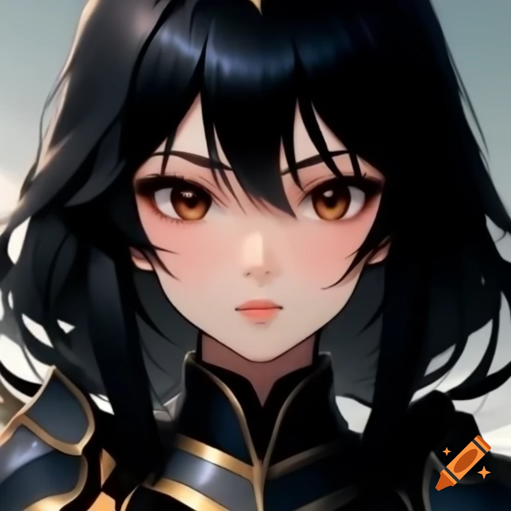 Girl with black hair and brown eyes wearing armor in anime style