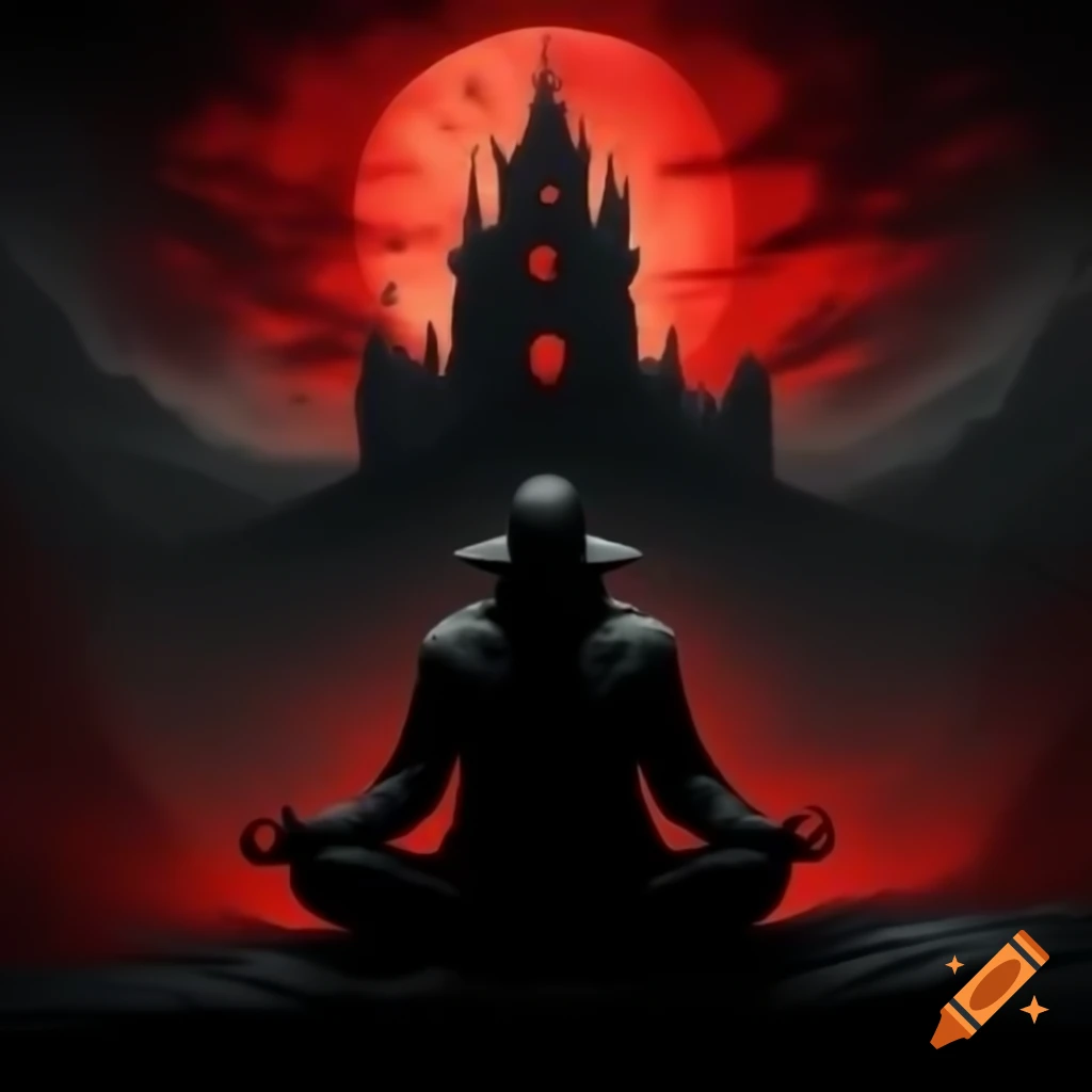 Vampire silhouette meditating with dark castle and red moon backdrop