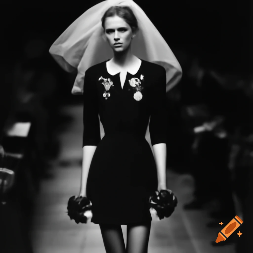 Young fashion model in short black dress with roses and crosses on runway