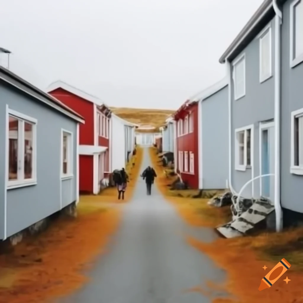 Autumn scene in Akureyri, Iceland, featuring buildings and people walking a dog