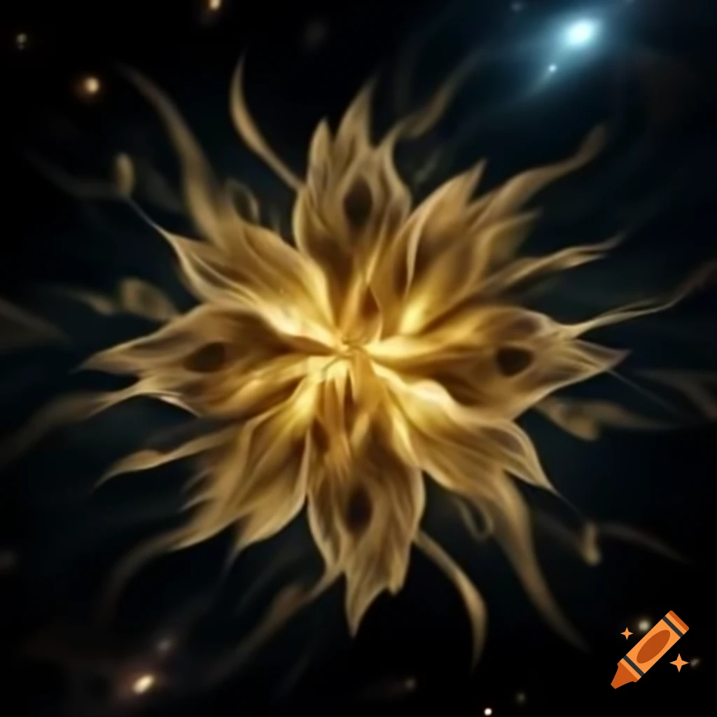 Sentient golden flower-shaped entity in outer space