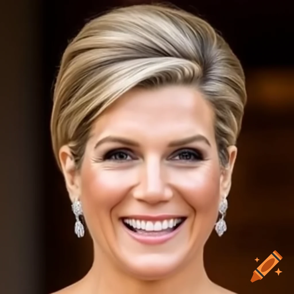 Queen Maxima showcasing a sophisticated look with short hairstyle brushed straight back