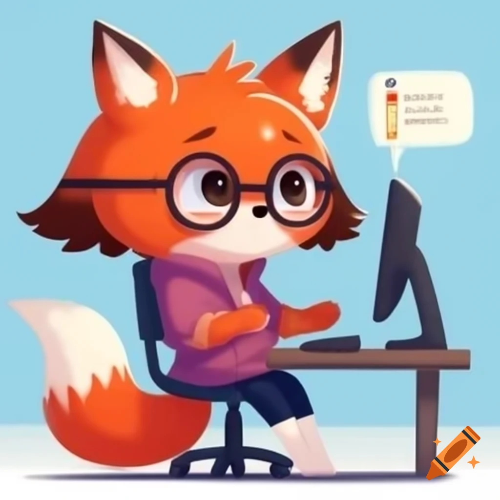 Cartoon fox girl wearing glasses sitting by computer with schedule paper