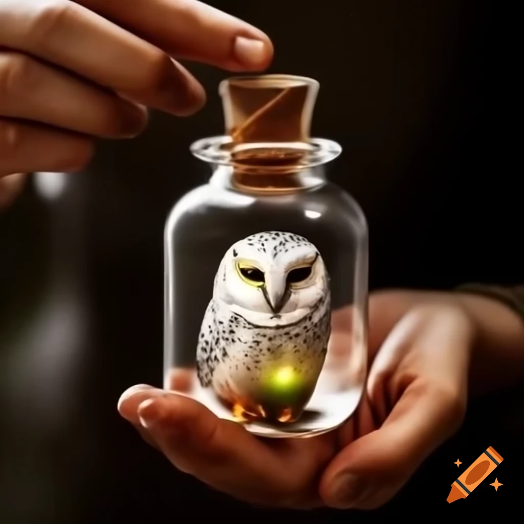 Enchanted owl-shaped glass vial potion with a mystical charm