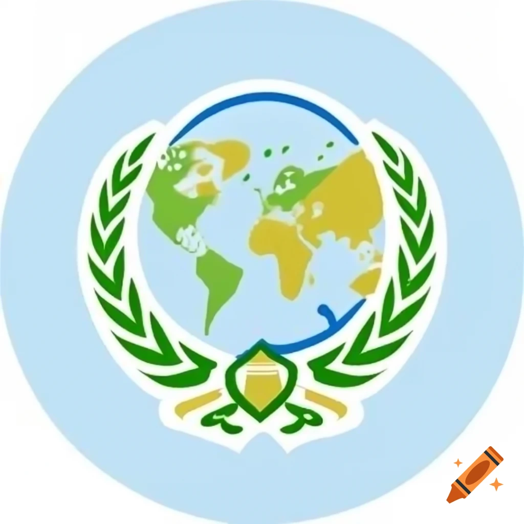World map logo featuring a crest and handshake