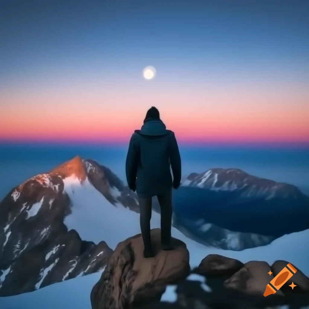 Middle-aged man gazing at the moon from snowy mountain at sunset