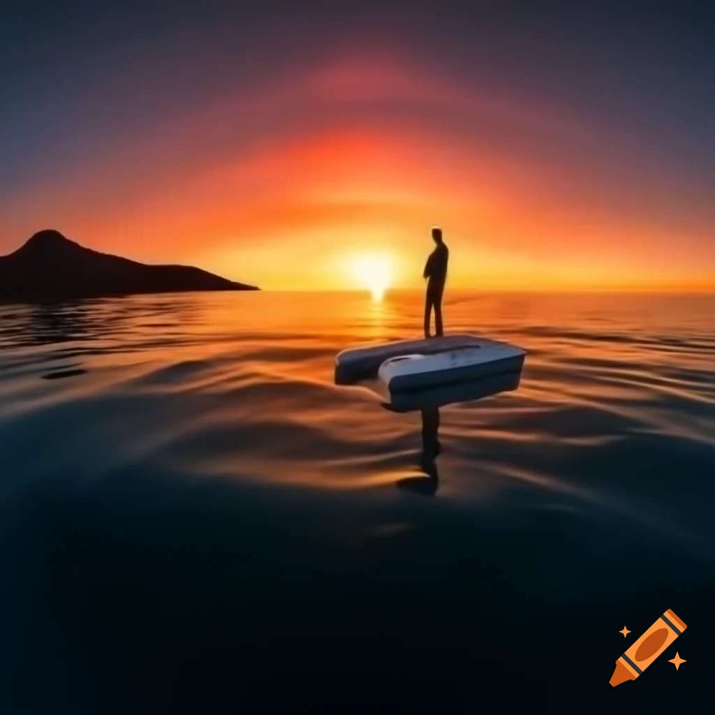 Young angler silhouetted against fiery sunset falling into ocean on craiyon