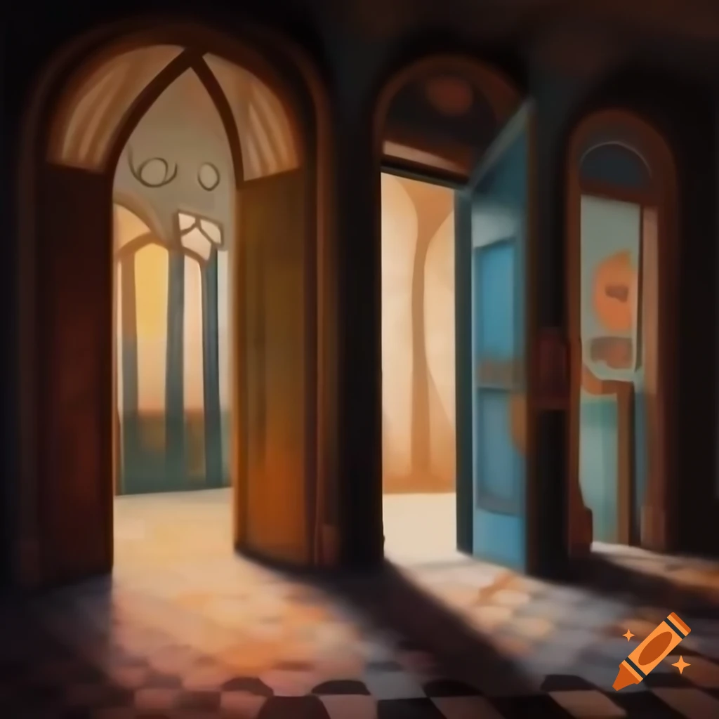Infinite hall of doors in various art styles including abstract, realistic, gothic, surreal, and art deco