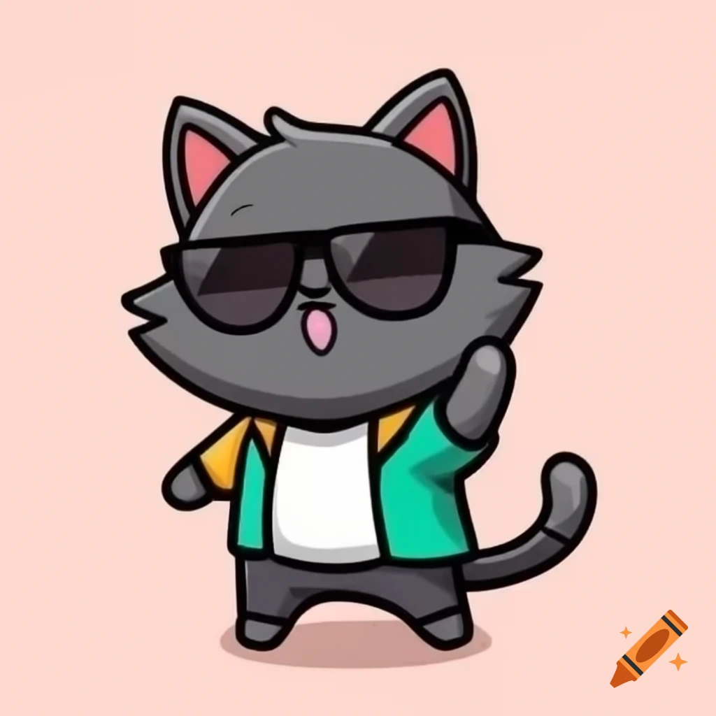 Cartoon art of black cat in sunglasses and pajamas outfit